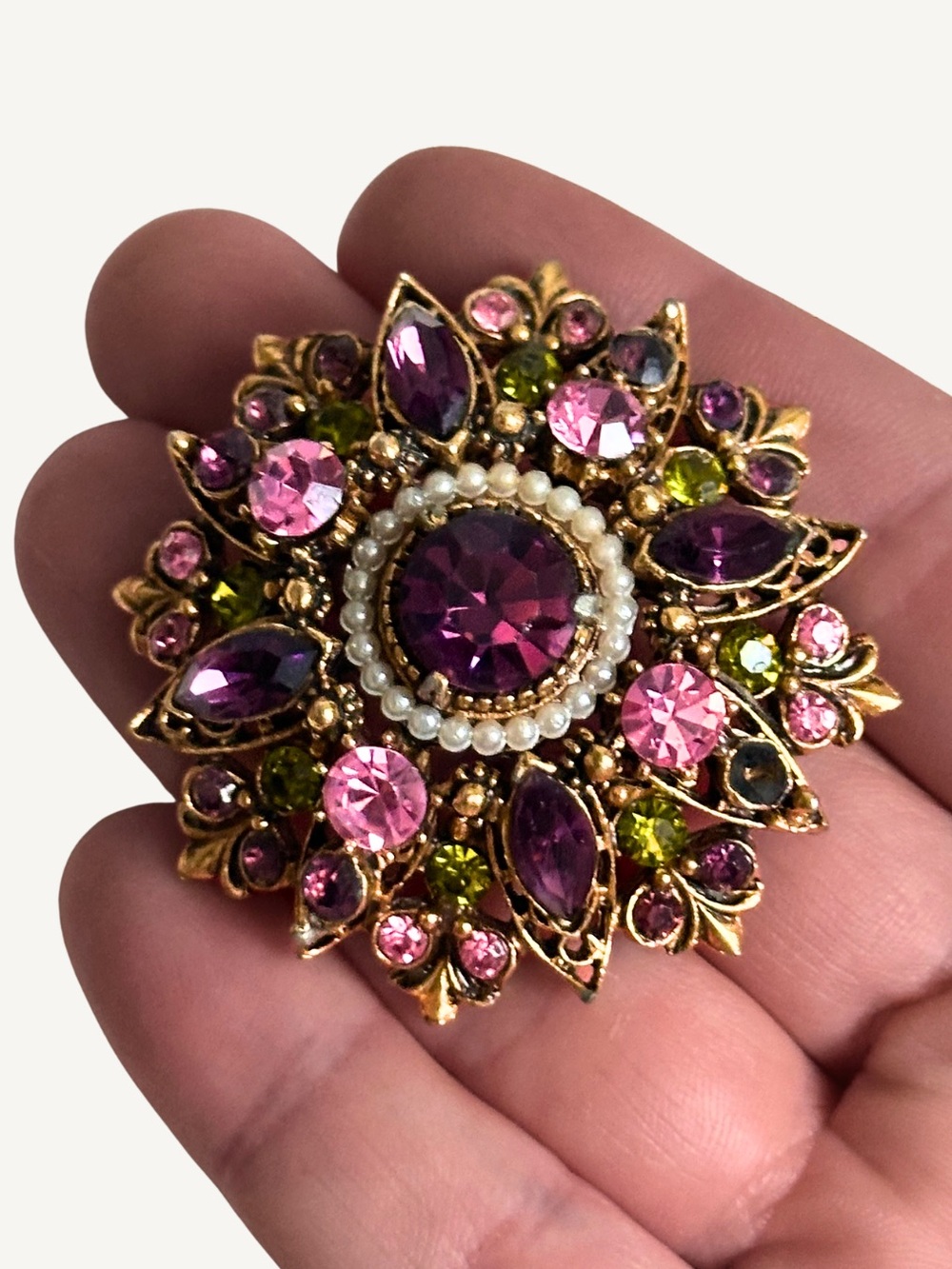 Vintage Florenza Brooch Amethyst Purple Pink Olivine Rhinestone Pearl - Picture 5 of 7